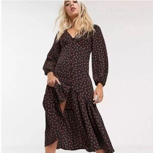 Topshop Roses Print Black Button Down Midi Dress 🌹